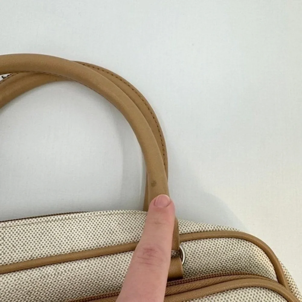 Vintage Faux Canvas Organizer Satchel Bag‎ Tan Cream Multi Pocket Briefcase